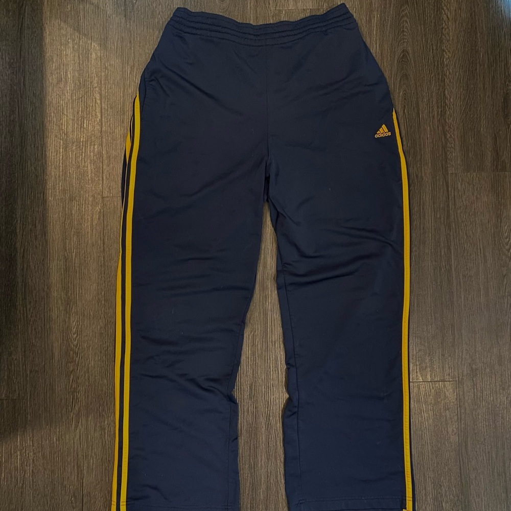 Adidas Navy Track Pants with Yellow Stripes